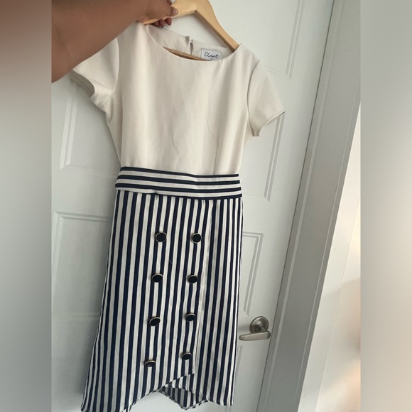 #32 Tie Back Stripe Button Dress nautical dress in cream and blue with bow - Picture 5 of 10